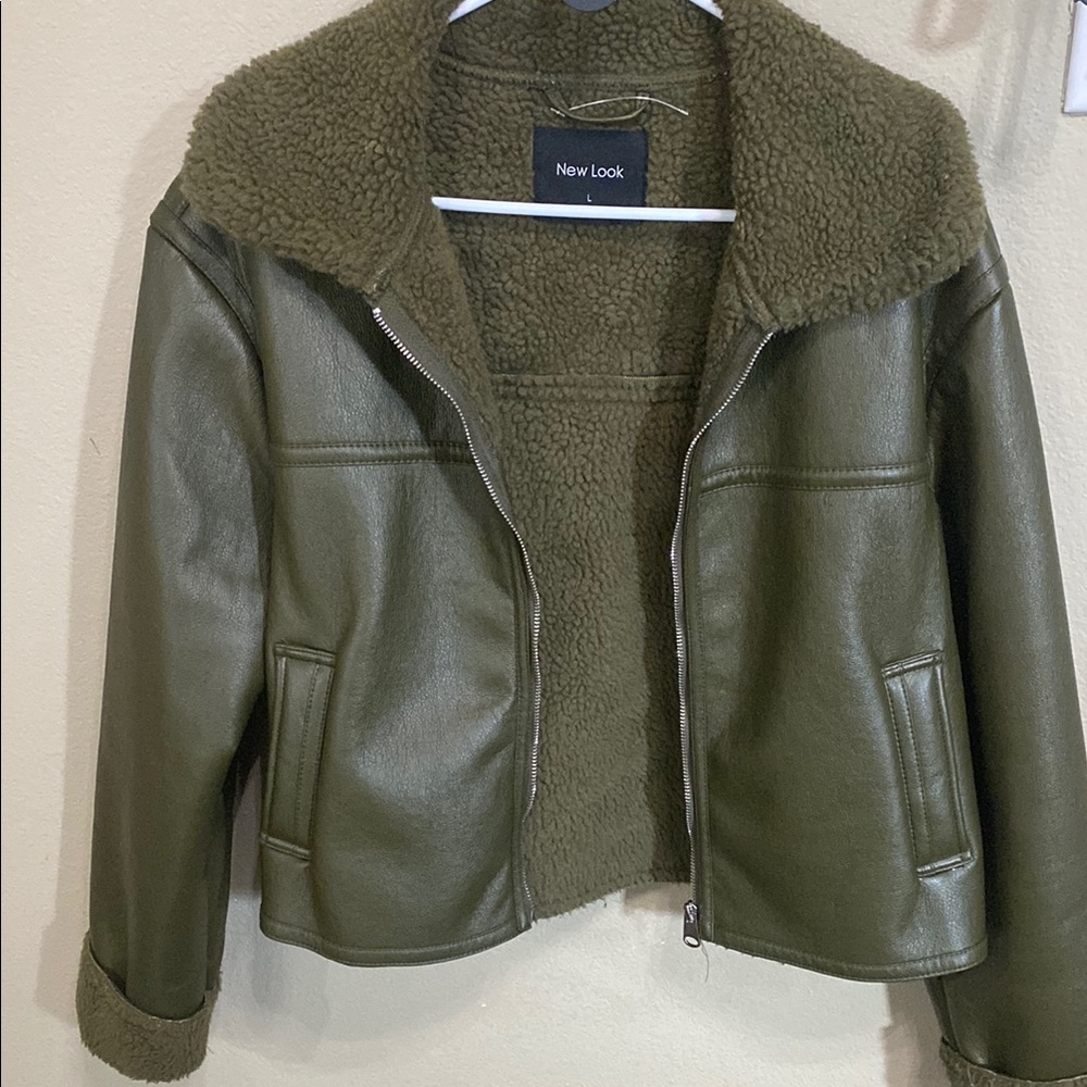New Look Green Teddy Jacket with Fuzzy Collar